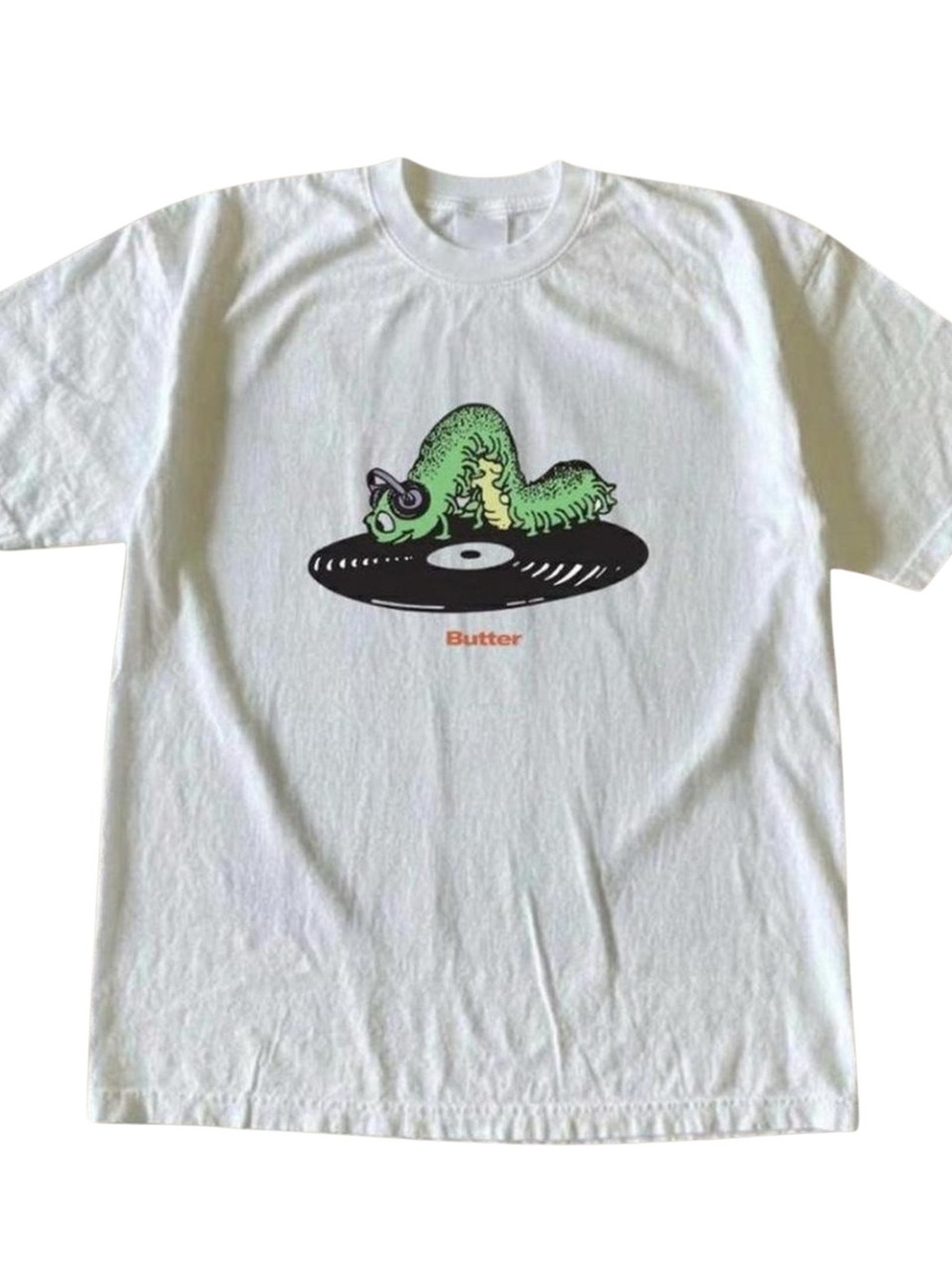 Butter White Tee with Green Caterpillar and Black Record Graphic Gildan